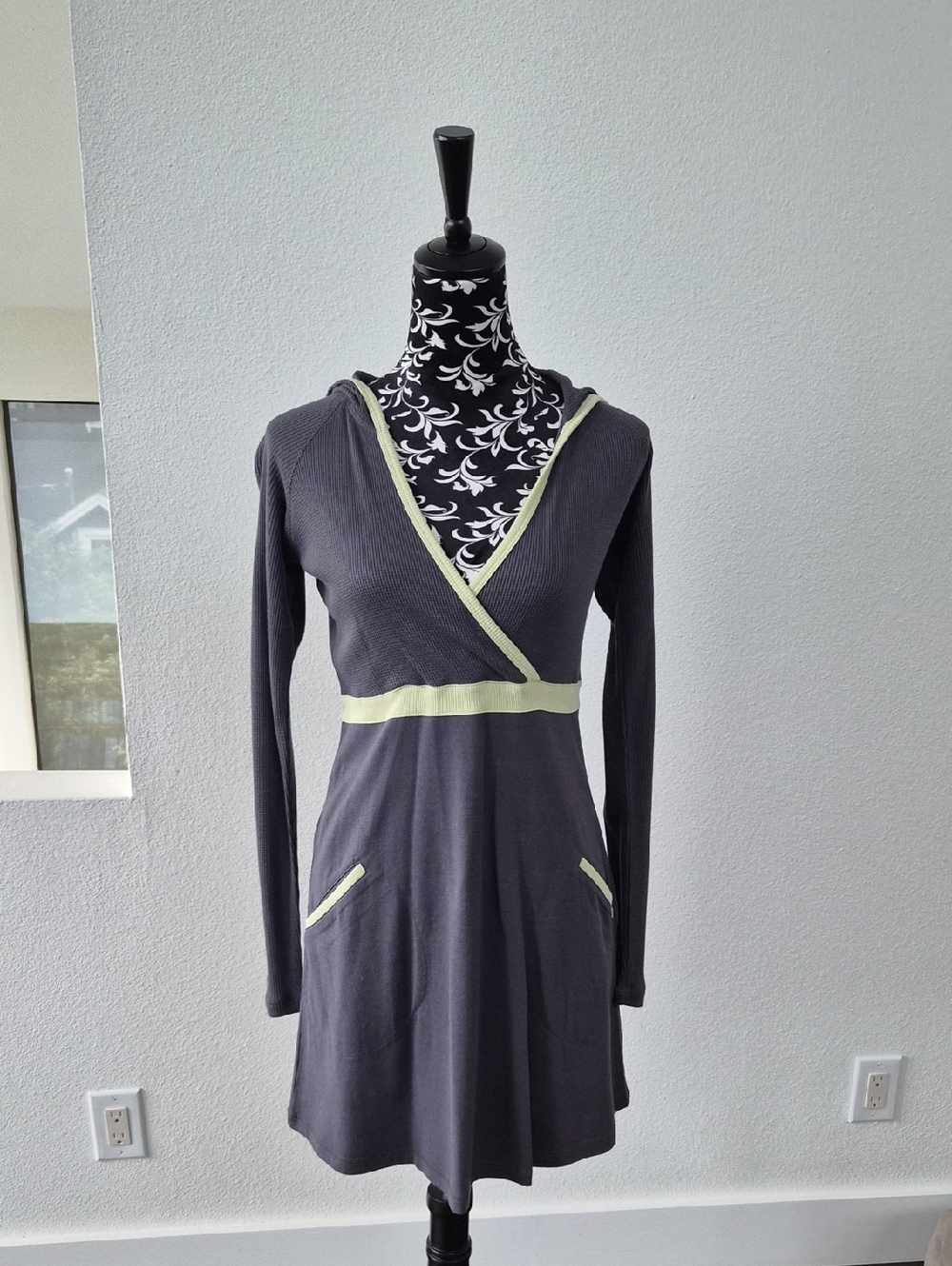 Charcoal Gray Long-Sleeve Wrap Dress with Pale Yellow Trim